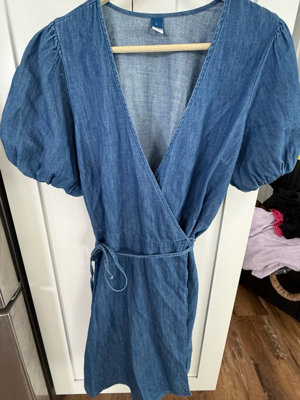Old Navy Blue Denim Wrap Mini Dress with Puff Sleeves